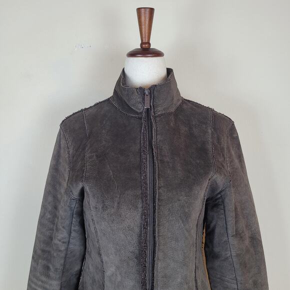Express Jacket Women Small Brown Suede Leather Sherpa Lined Zip Stand Collar 90s - Picture 2 of 13